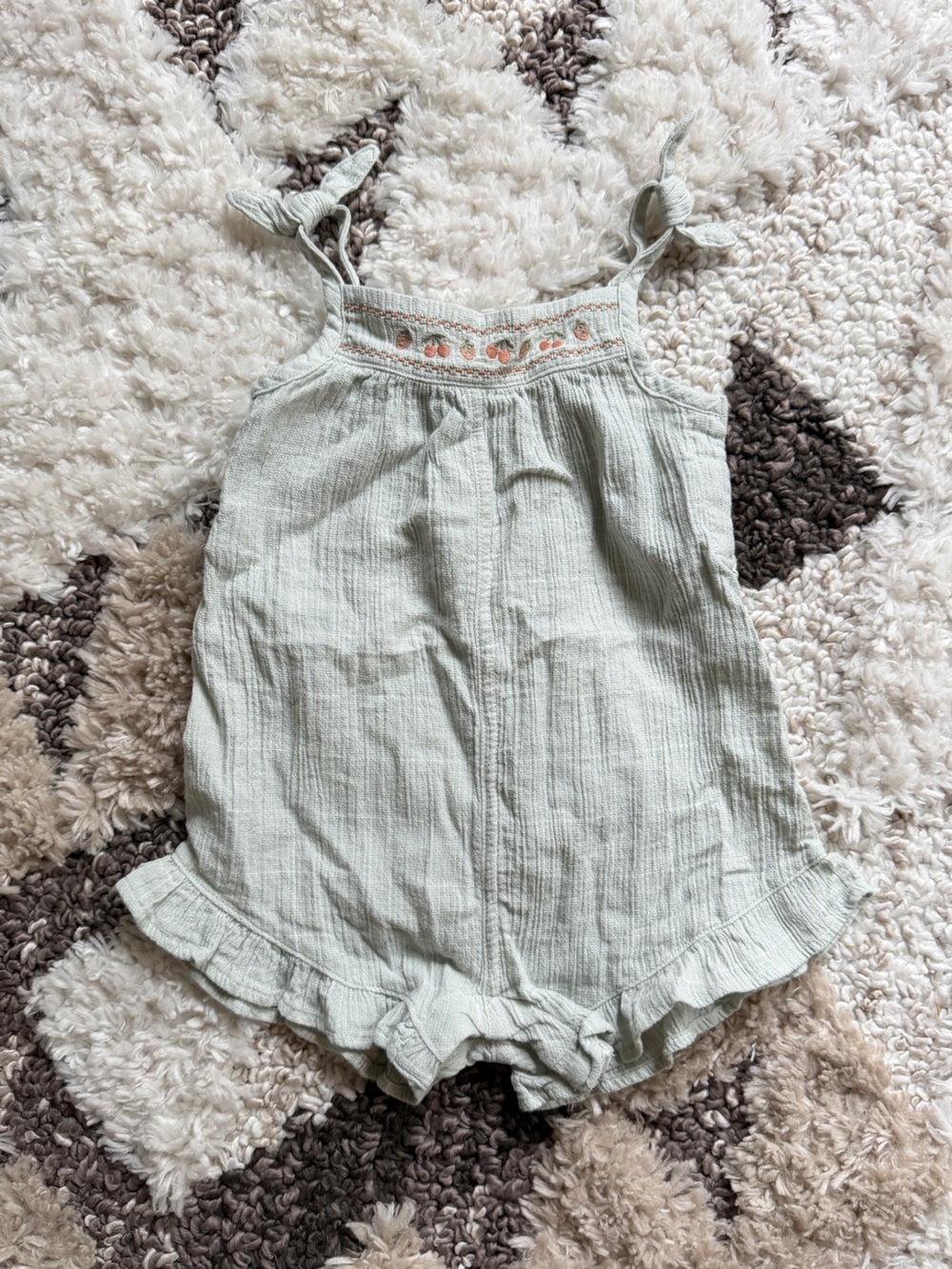 Little Co. Girls Sage Green Tie-Shoulder Cotton Romper with Embroidered Yoke